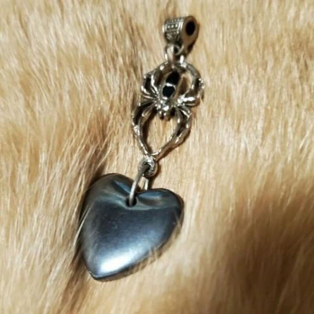 double dangle hematite heart pendant with spider charm